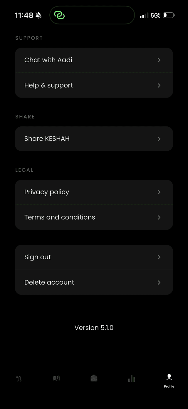 KESHAH app — Delete account option in Profile tab